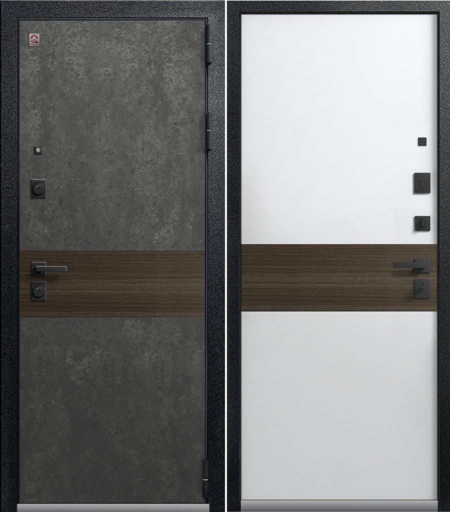 Дверь LUX-2 Черный муар+ серый камень/ Кашемир Белый+Миндаль рифленый
