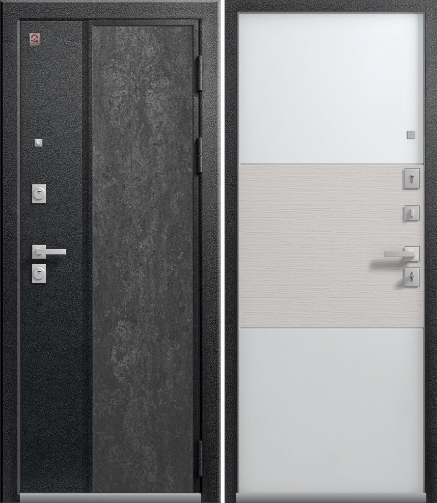 Дверь LUX 7 Серый муар+ Серый камер / Кашемир белый + белый скол дуба